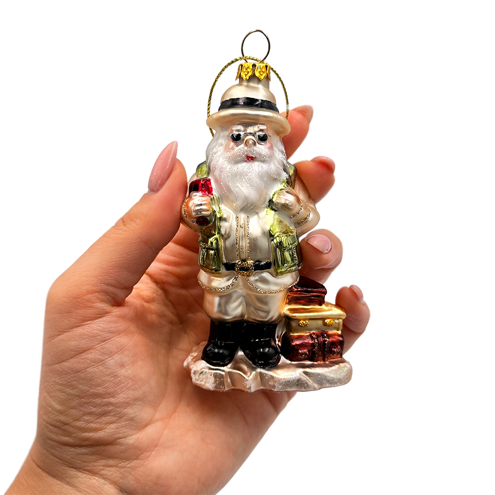 Adventurous Safari Santa Handblown Glass Ornament