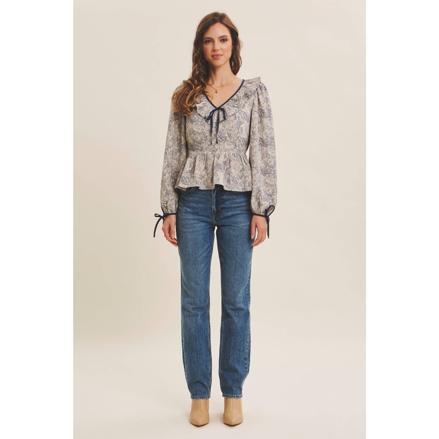 TOILE PRINTED BABYDOLL BLOUSE WITH BALLOON SLEEVES