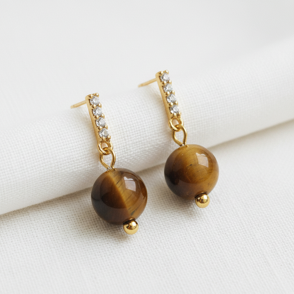 Geometric Tiger's Eye and Zircon Stud Earrings