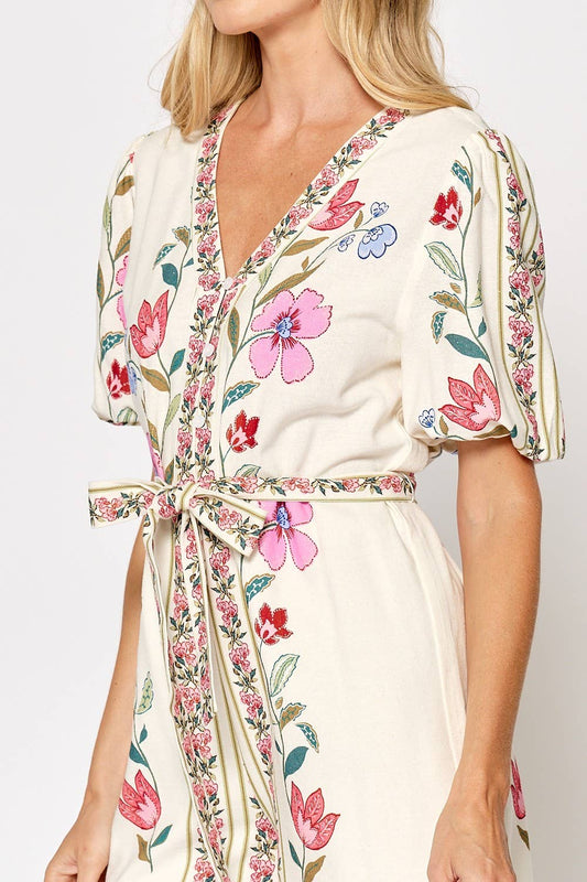 LAST CHANCE - Floral Tie Waist Puff Sleeve Romper