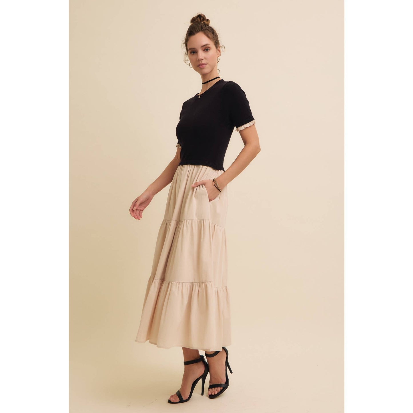 TIERED MIDI DRESS WITH SWEATER TOP AND WOVEN SKIRT