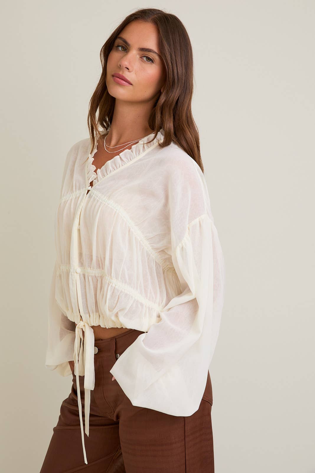 LONG SLEEVES BLOUSE TOP WITH RUFFLE DETAIL ON NECKLINE