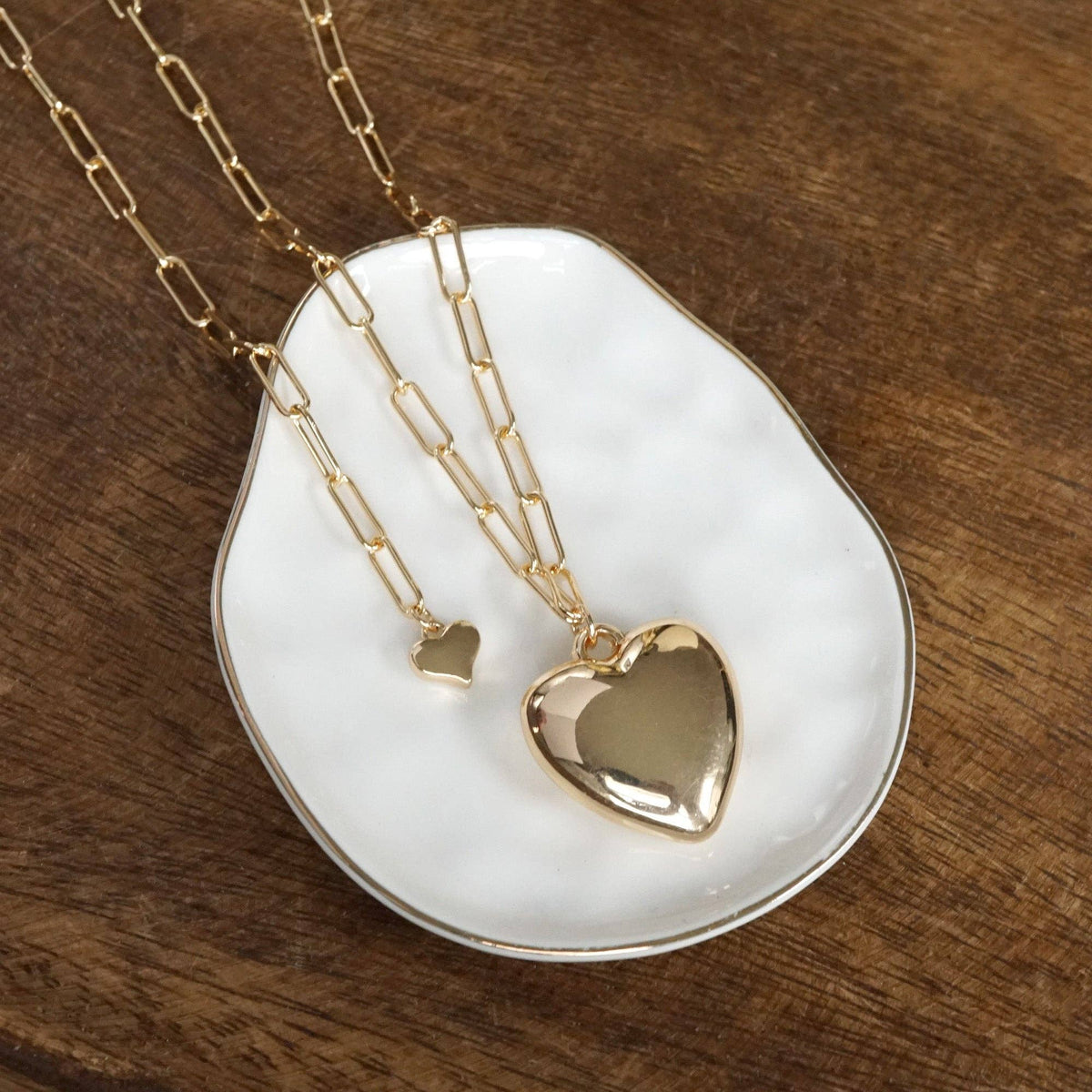 Long Puffy Heart Paperclip Chain Necklace – Gold Tone