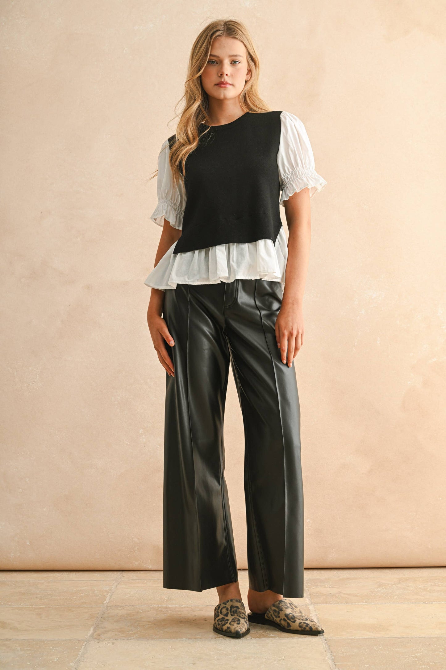 T3506 SWEATER COMBO SHORT SLEEVE BLOUSE