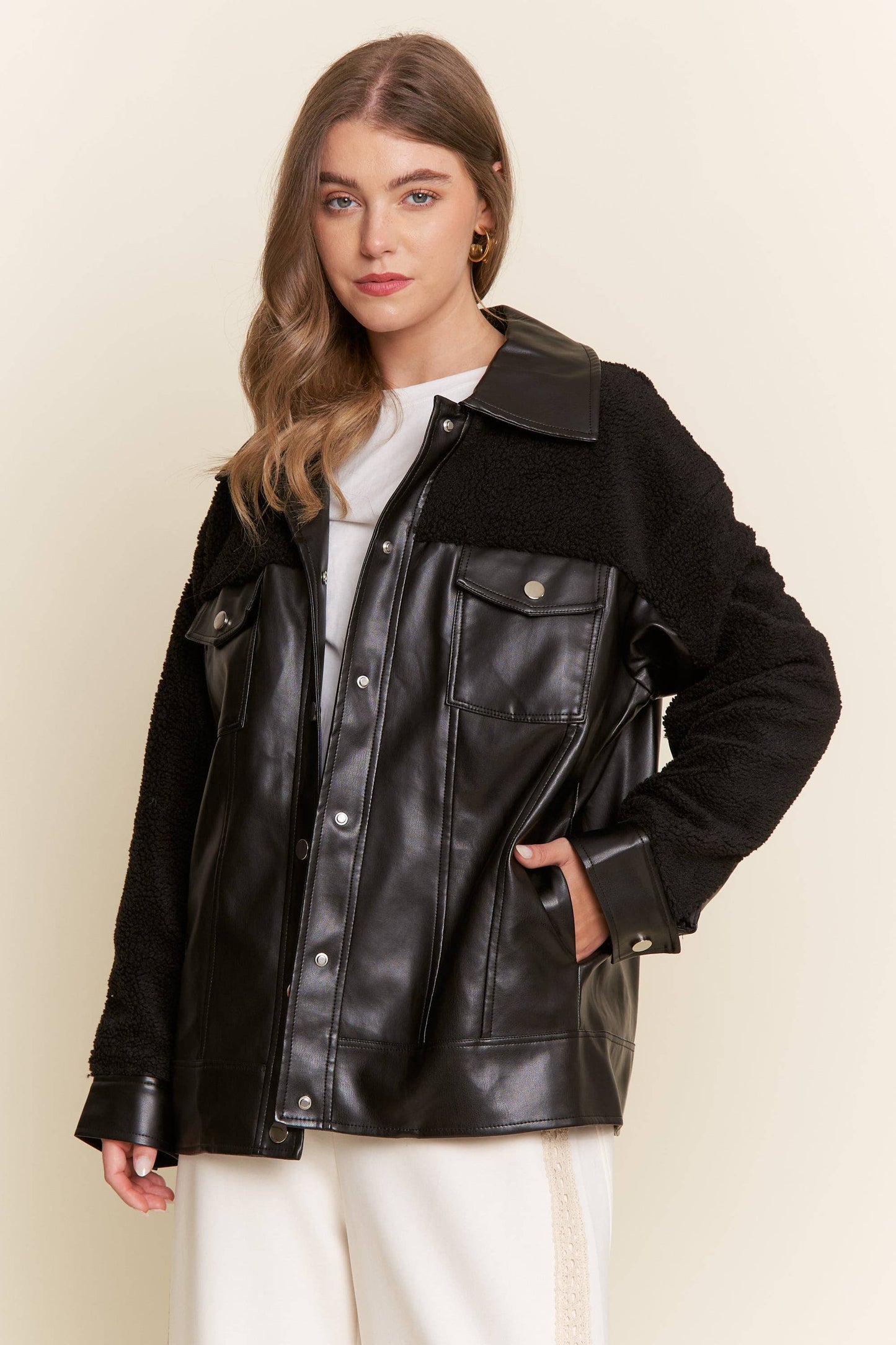 Black Faux Leather Sherpa Teddy Jacket