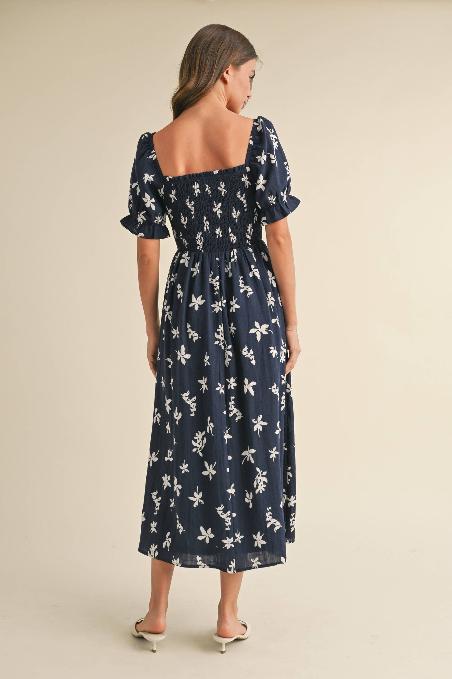 ID8847-A FLORAL MIDI PUFF SLEEVES DRESS