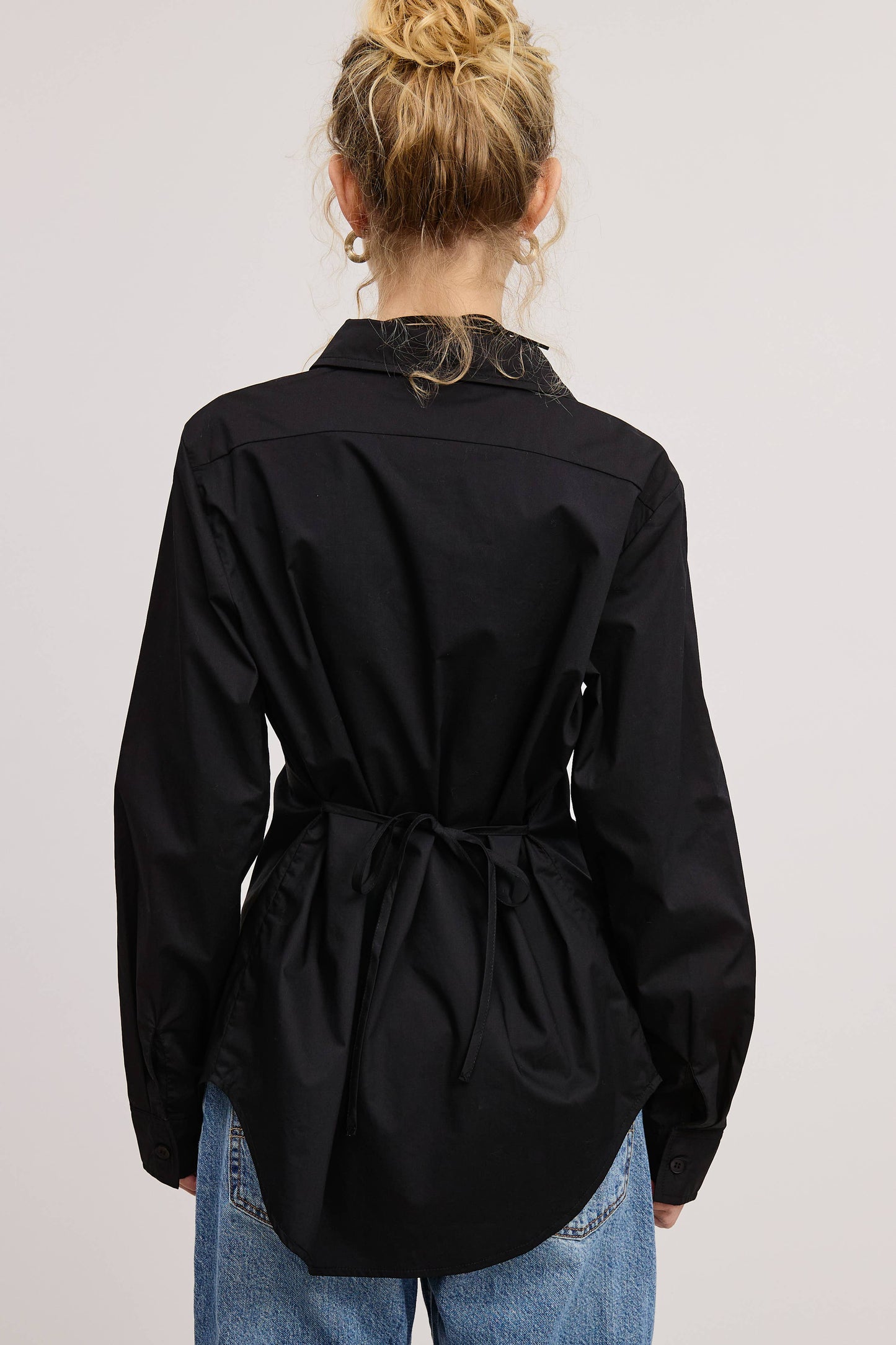 Fitted Collared Shirt Blouse with Back Self-Tie - Black