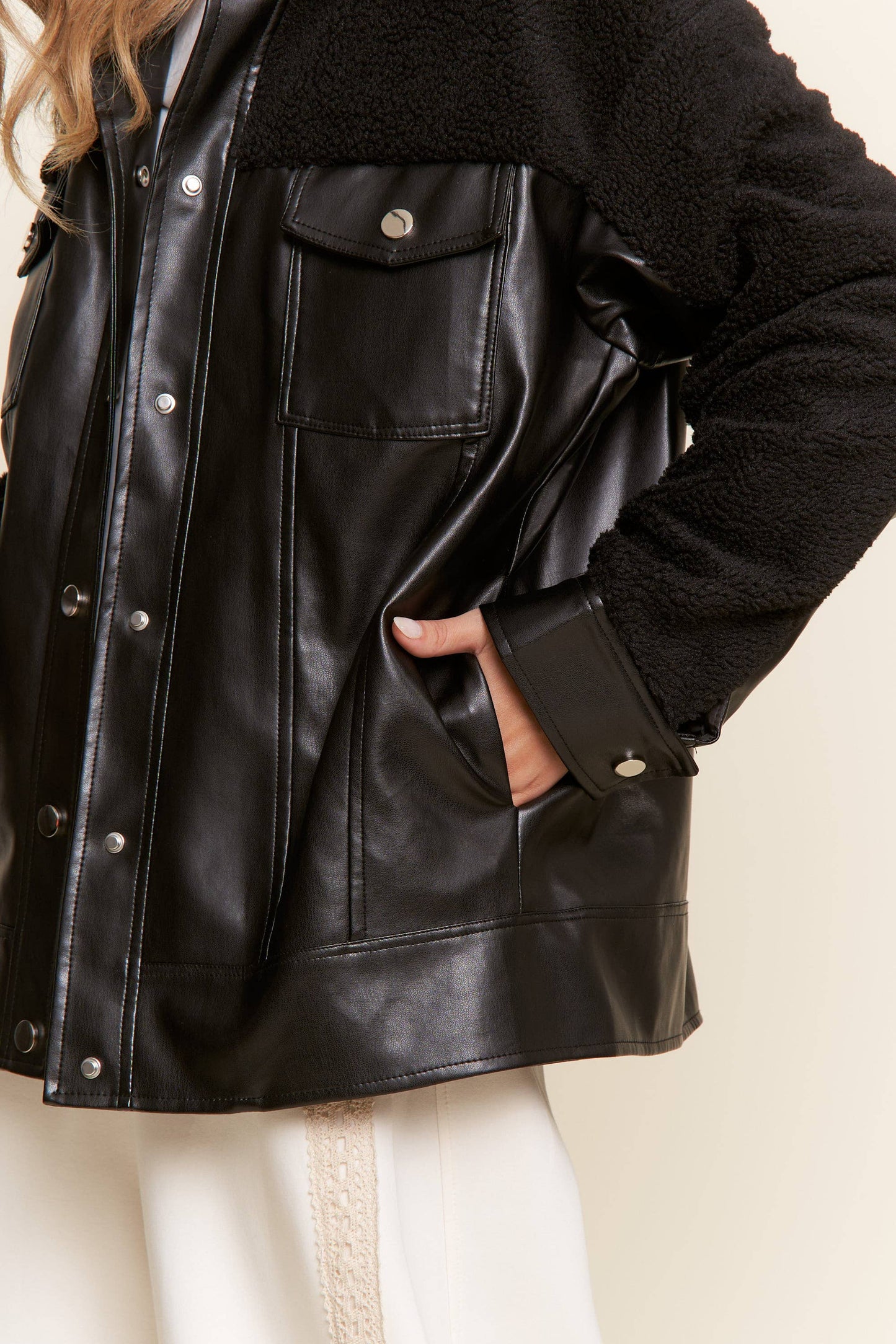 Black Faux Leather Sherpa Teddy Jacket
