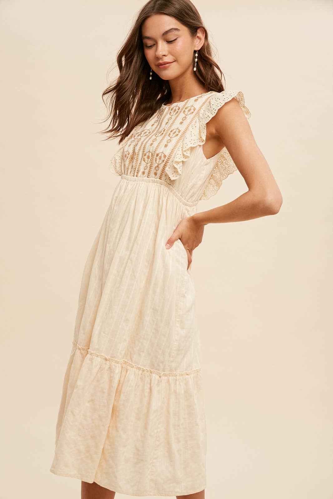 EYELET FLUTTER SLEEVE EMBROIDERED MIDI DRESS