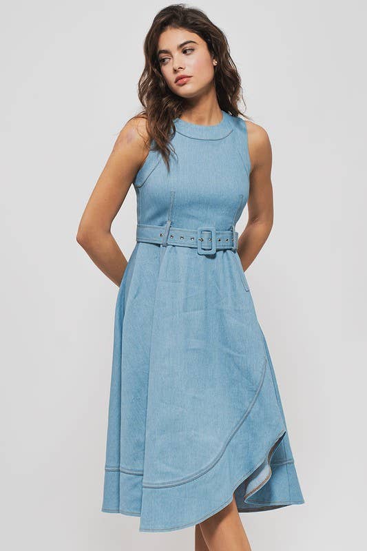 Sleeveless Denim Fit and Flare Midi Dress with Defined Waist