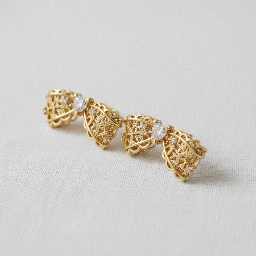 Lace Filigree Bow Crystal Stud Earrings