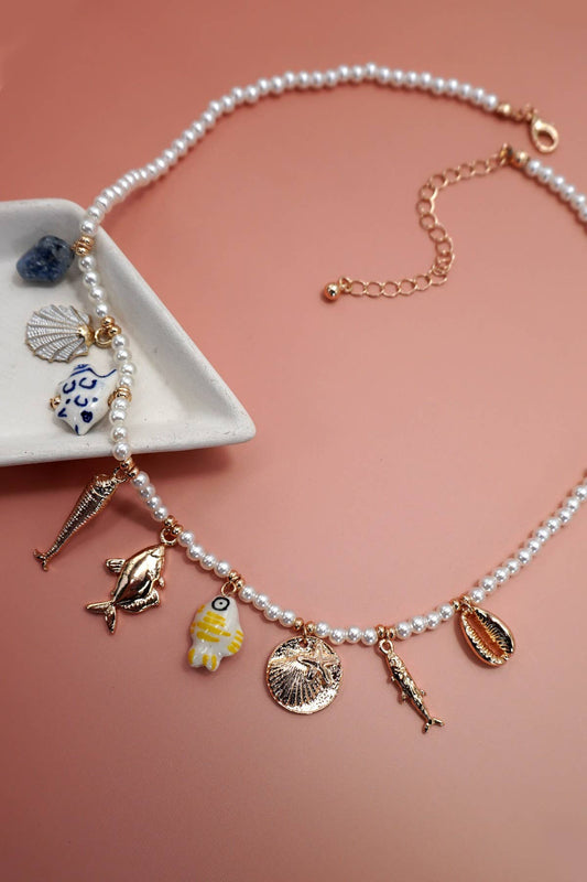 CHARM NECKLACE-PORCELAIN SHELLS FISH NATURAL STONE