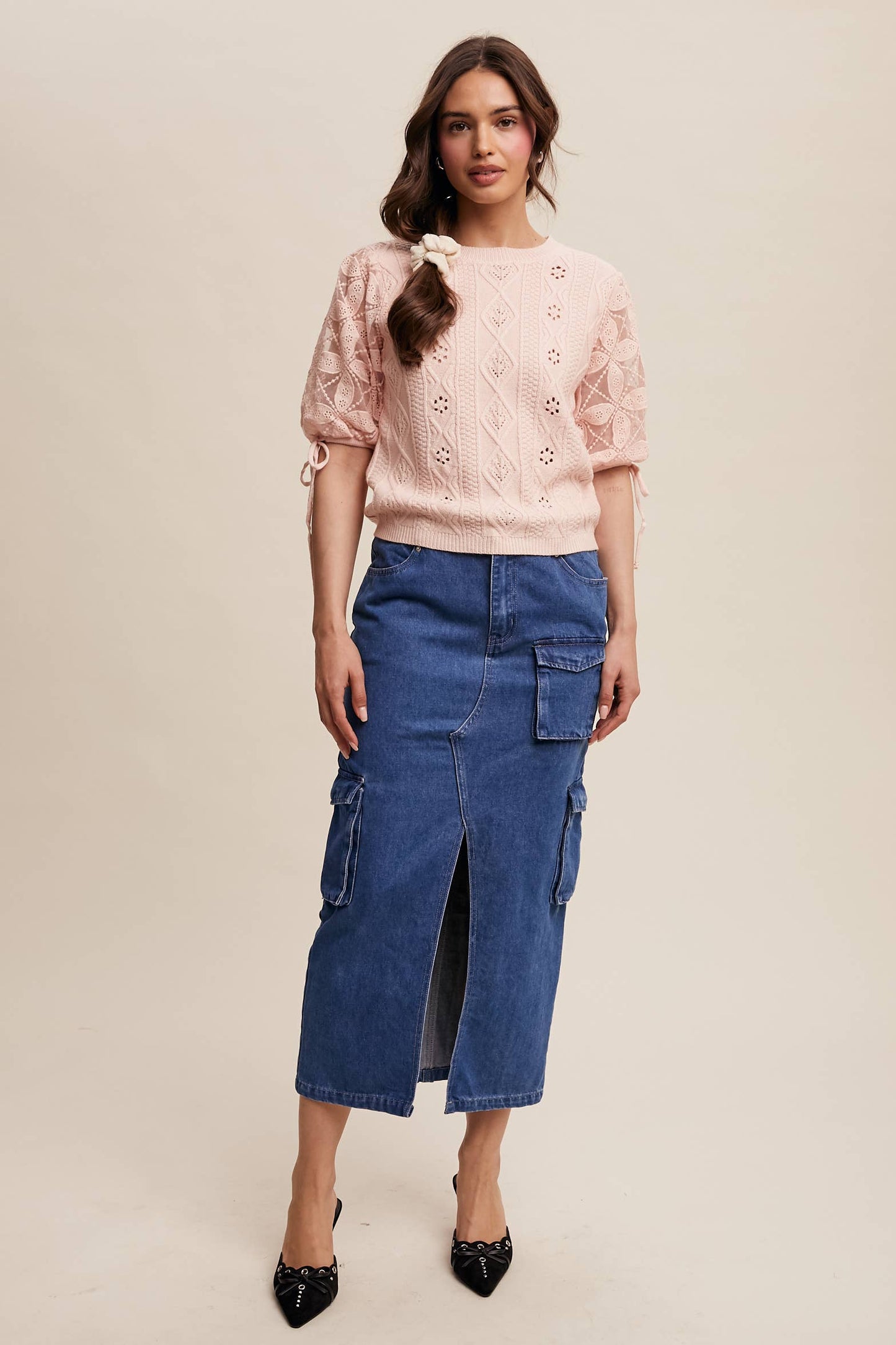 Eyelet Puff Sleeve Knit Sweater Top