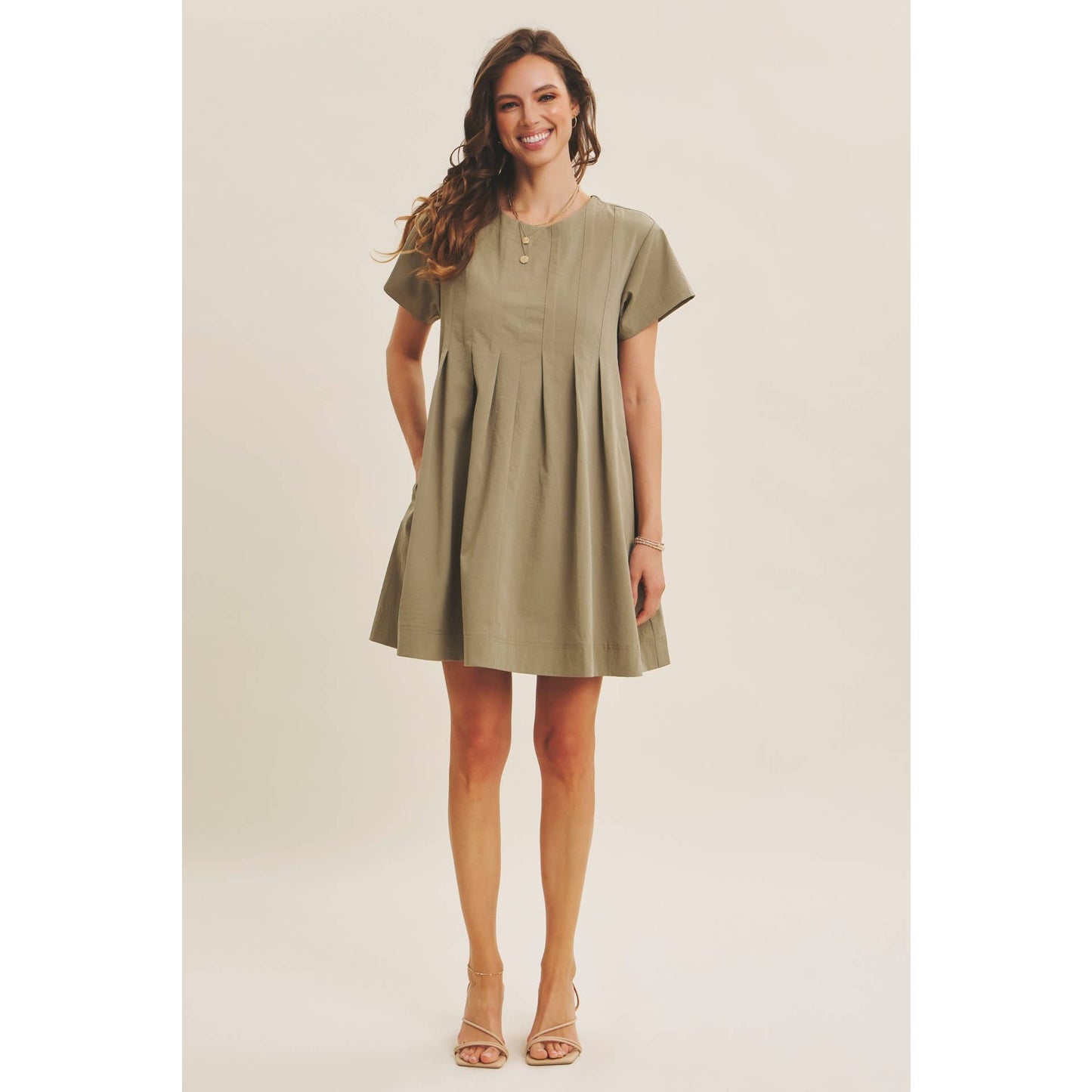 EASYGOING PLEATED DETAIL MINI DRESS WITH POCKETS