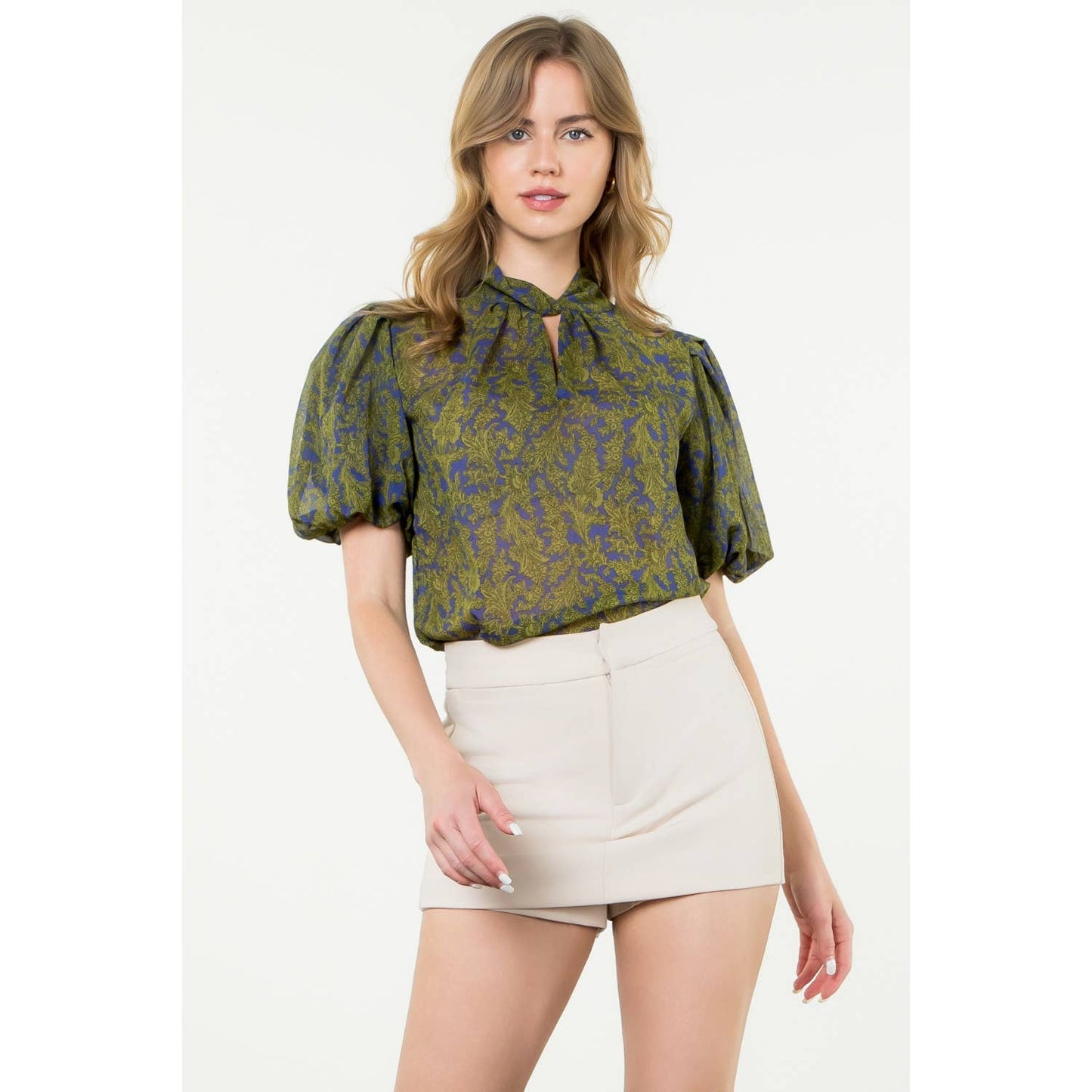 Twist Neck Puff Sleeve Print Top
