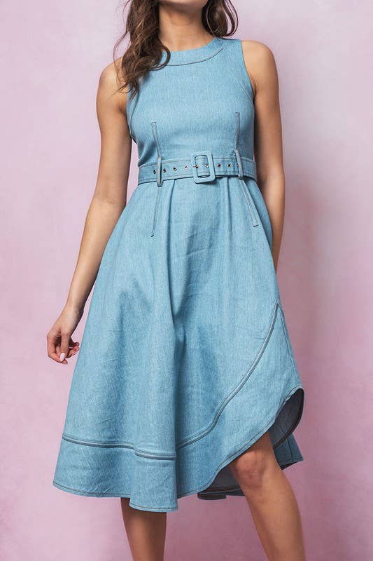 Fit and Flare Sleeveless Denim Midi Dress