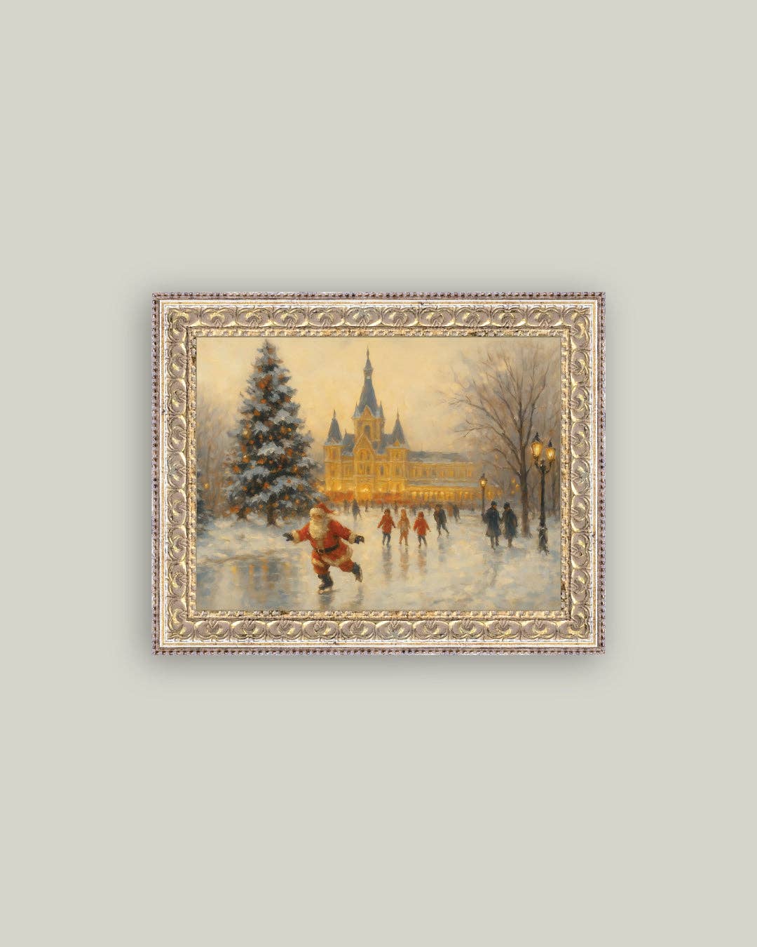 Skating Santa Framed Antique Art