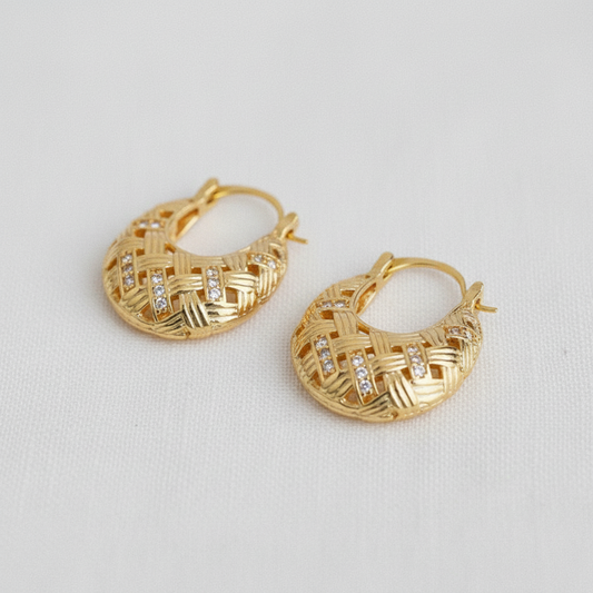 Filigree Zircon Woven Purse Huggie Earrings