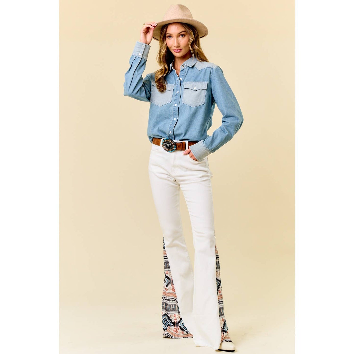 LIGHT WASH TOW TONE WESTERN SHIRT