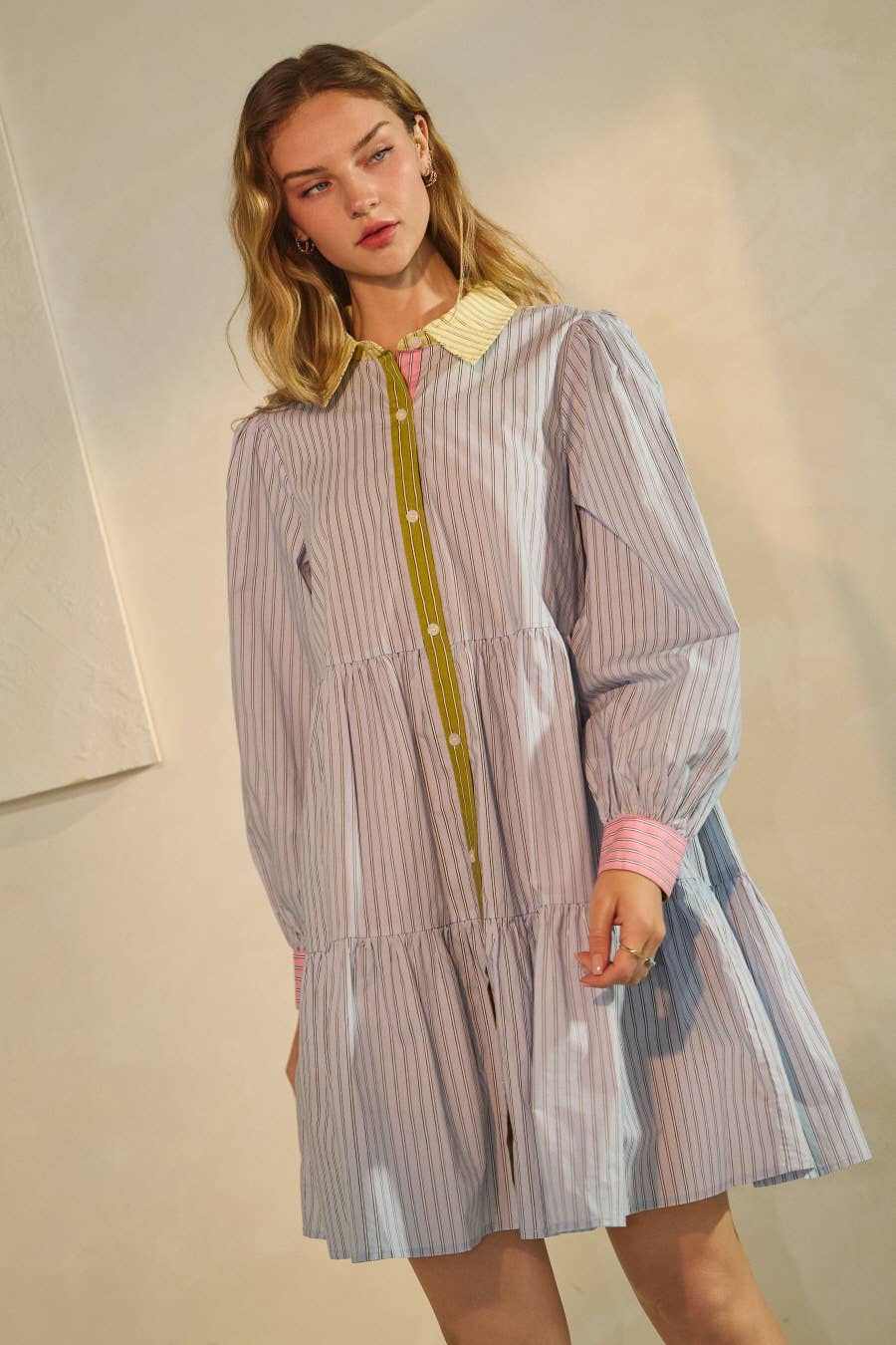 Striped Tiered Button Down Shirt Dress