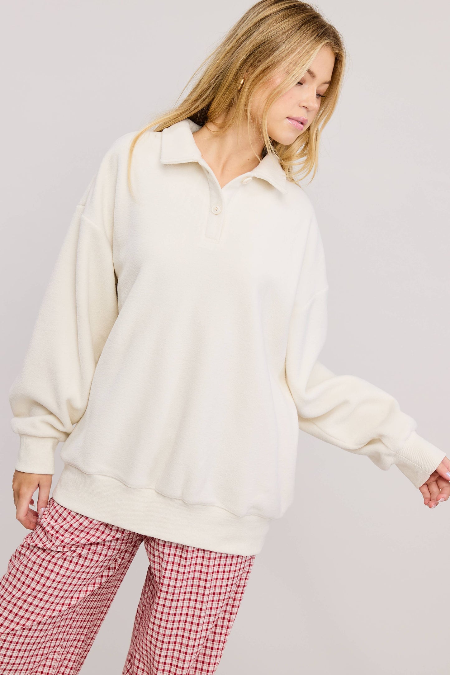 Teddy Velour Buttoned Collar Pullover Knit Sweater