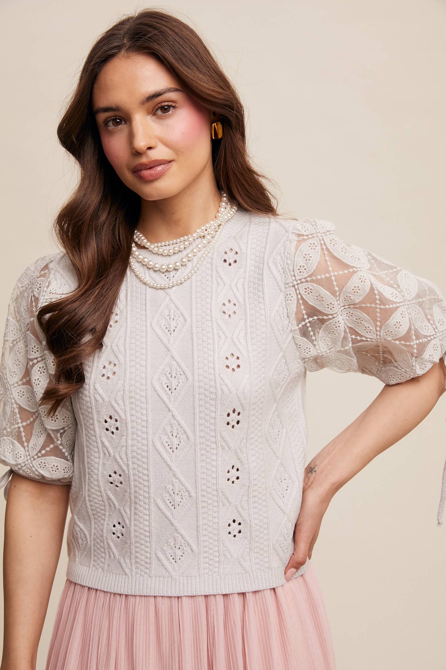 Eyelet Puff Sleeve Knit Sweater Top