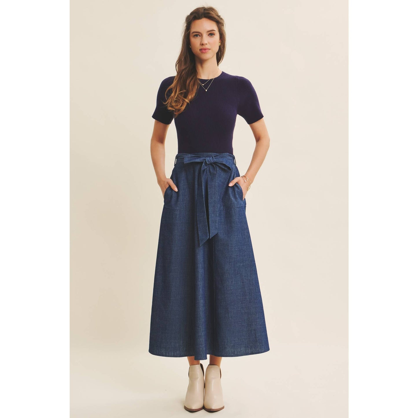 EFFORTLESS MIX OF COZY AND POLISHED TWOFER DENIM DRESS