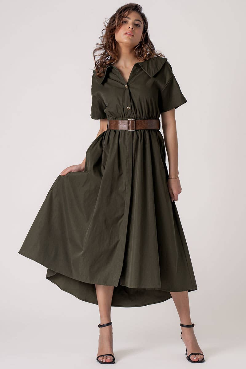 Exaggerated Collar Spring Shirt Belted Midi Dress