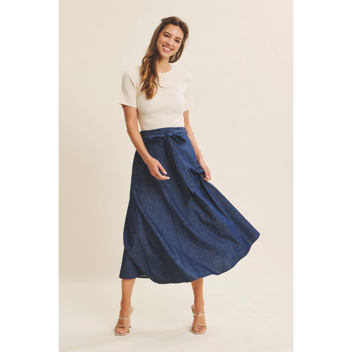 EFFORTLESS MIX OF COZY AND POLISHED TWOFER DENIM DRESS