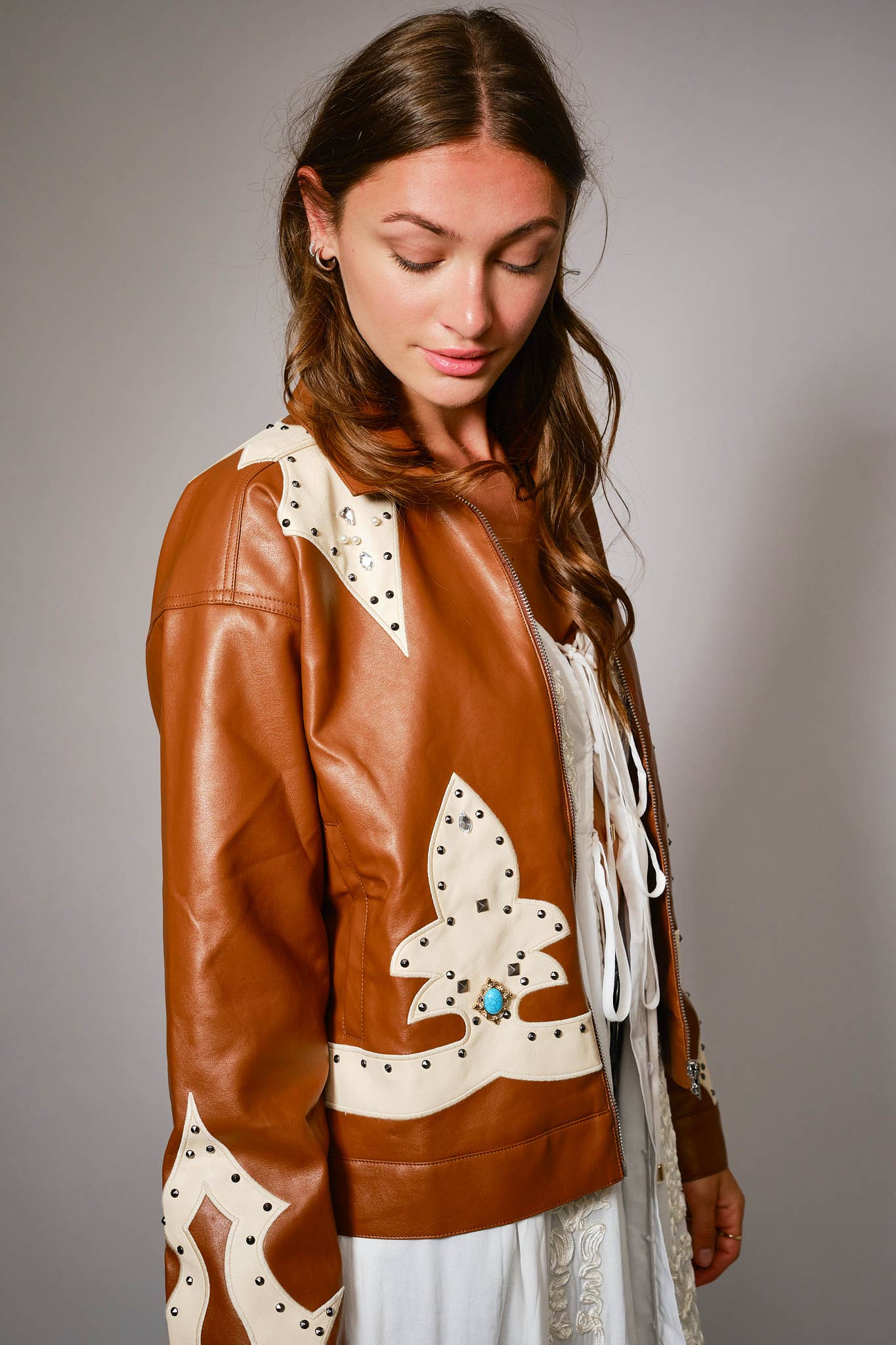 23526J - Faux Leather Studded Oversized Zip-Up Jacket
