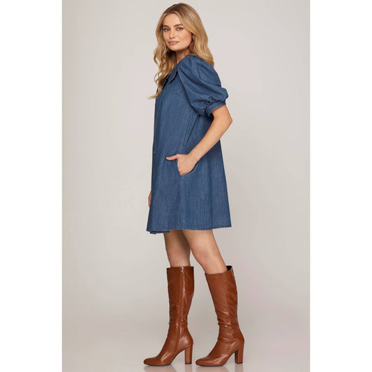 Washed Denim Short Puff Sleeve Dress