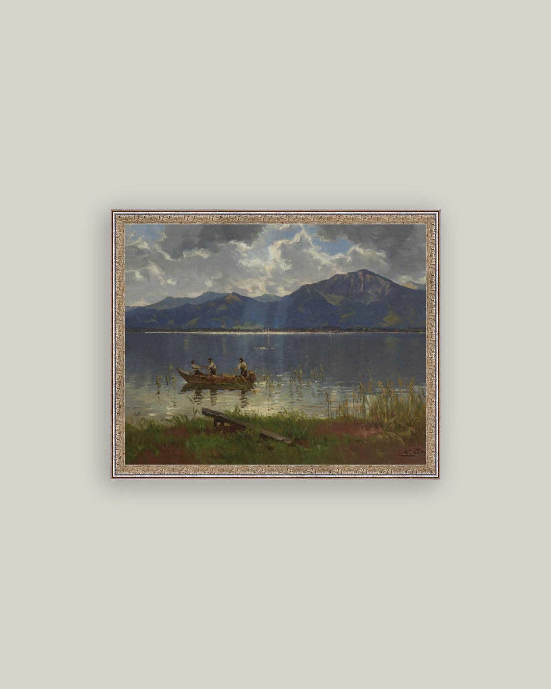Fishermen on Lake Framed Antique Art