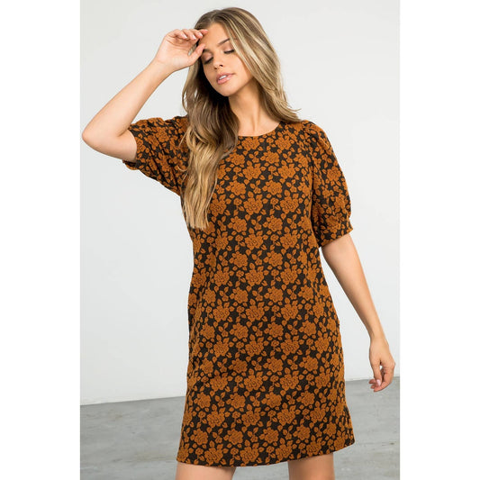 Textured Black Dress with Puff Sleeves and Floral Print