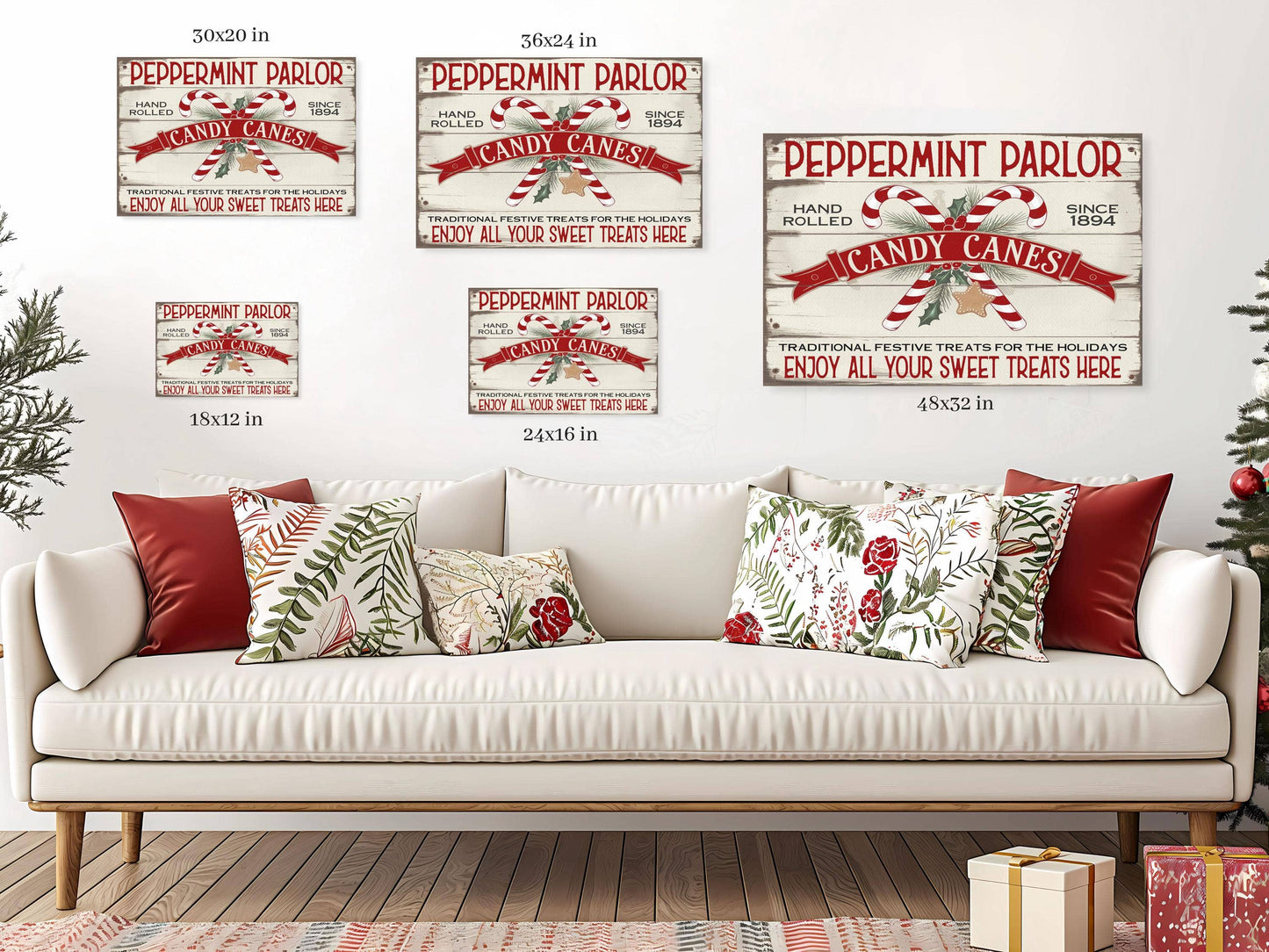 Vintage Christmas Candy Cane Canvas & Faux Wood Sign