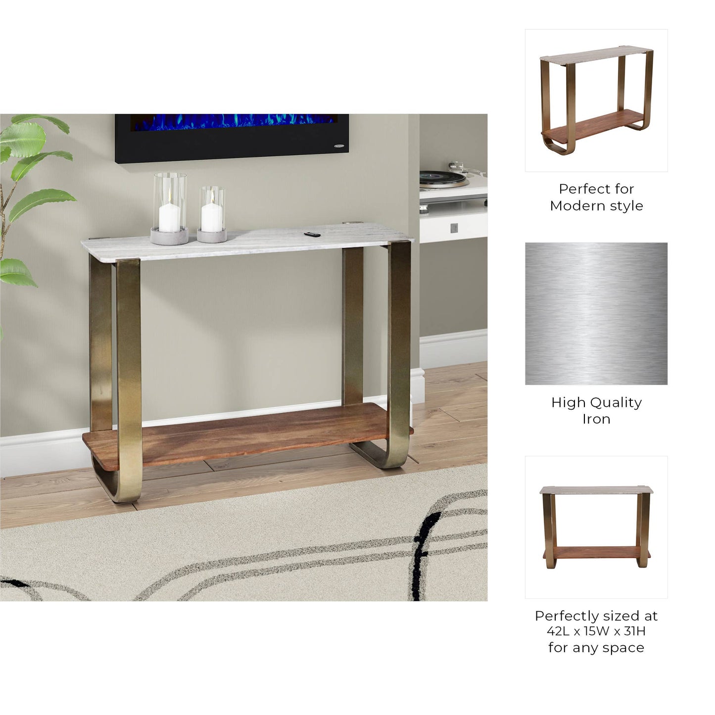31 in. Gold Iron & Marble Top Console Table
