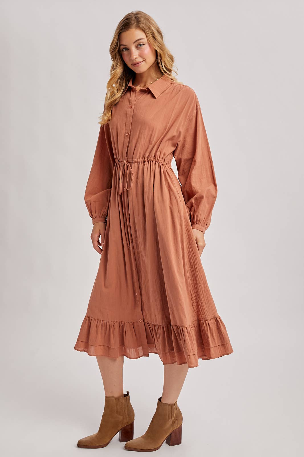 RUFFLED MIDI OPEN DUSTER OR SHIRT DRESS