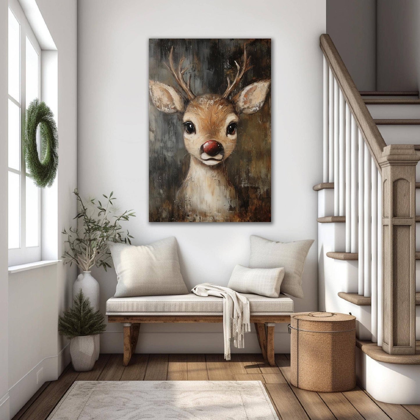 Rustic Red-nosed Reindeer Christmas 2025 Rudolph Canvas Art