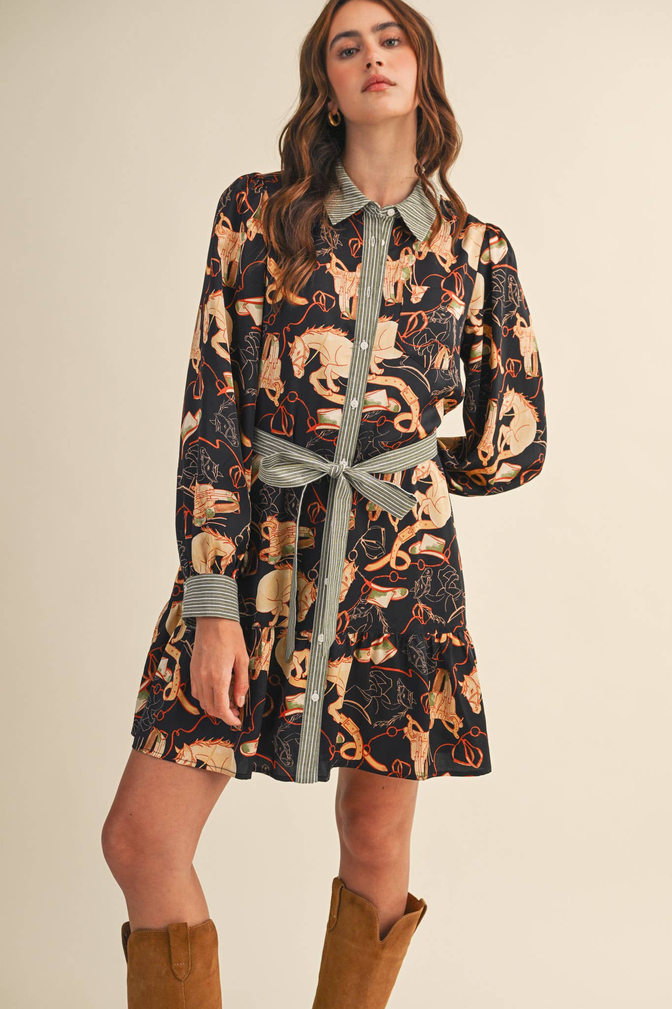 EXCLUSIVE MIXED PRINT BUTTON DOWN MINI DRESS
