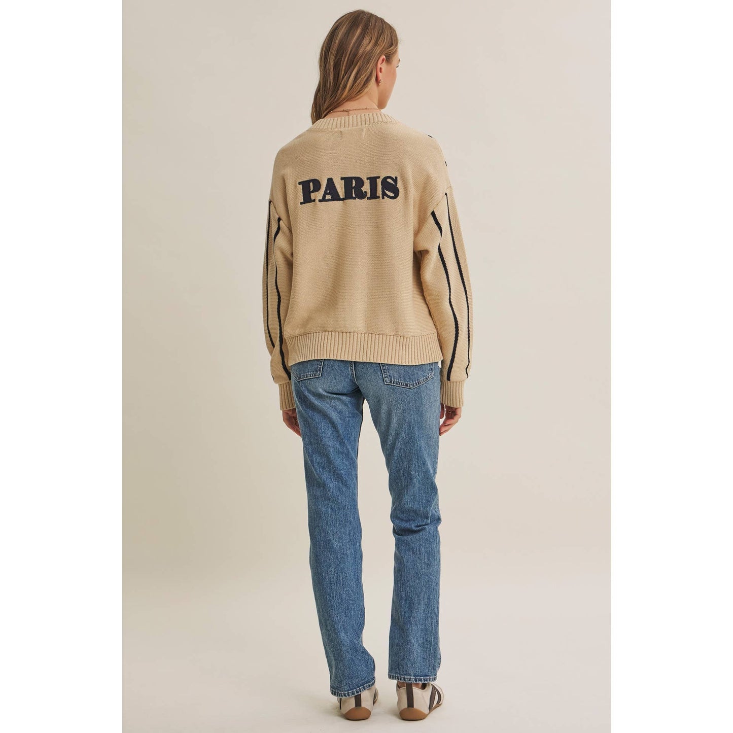 CITY POSTCARD EMBROIDERED STRIPE BUTTON-DOWN CARDIGAN