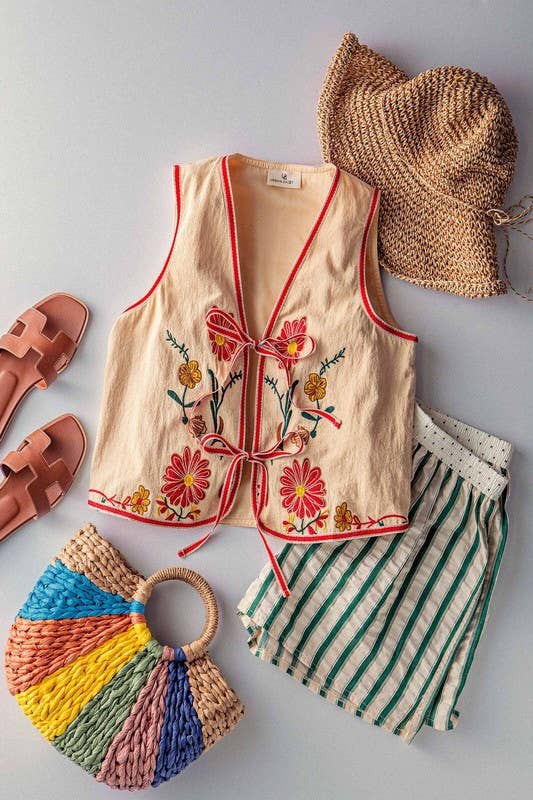 Boho Embroidered Tie Front Western Vest