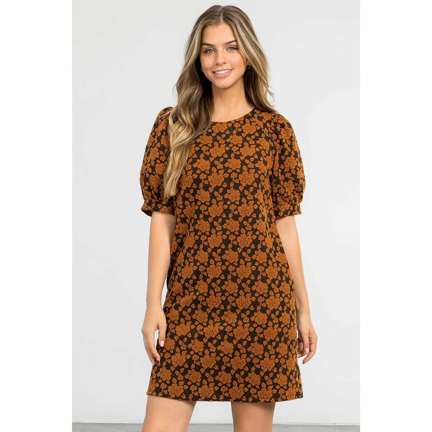 Textured Black Dress with Puff Sleeves and Floral Print