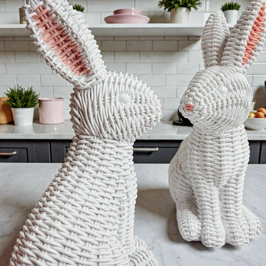 Easter Farmhouse Home Decor, Resin Bunny Figurine Rattan