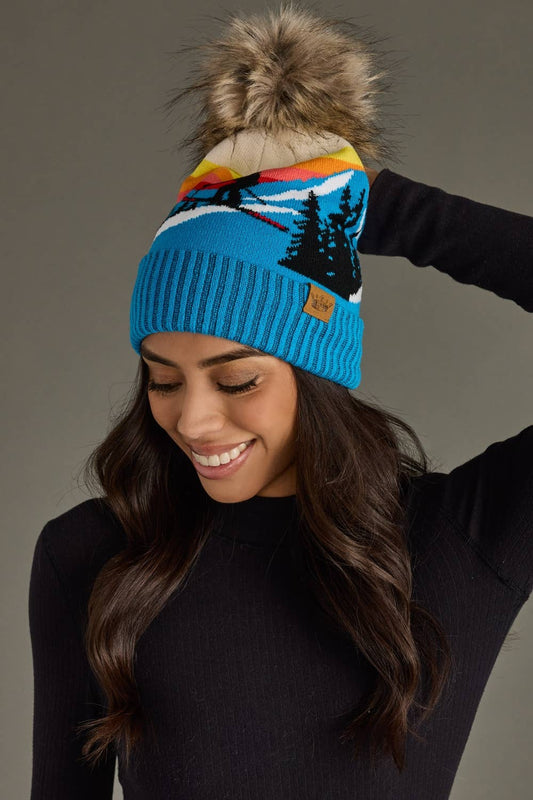 Blue Ski Mountain Landscape Pom Hat