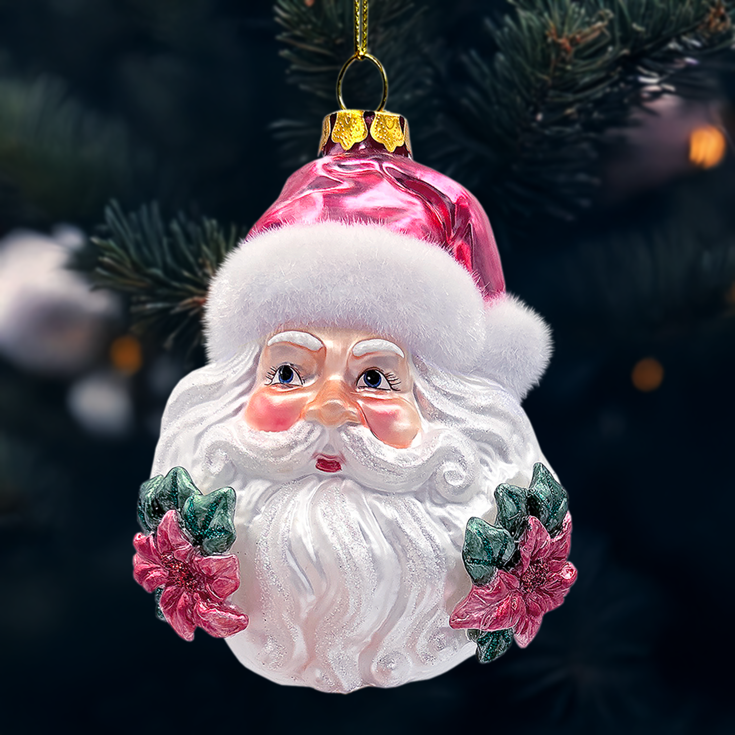 Enchanting Pink Santa Head Glass Ornament, Vintage Christmas