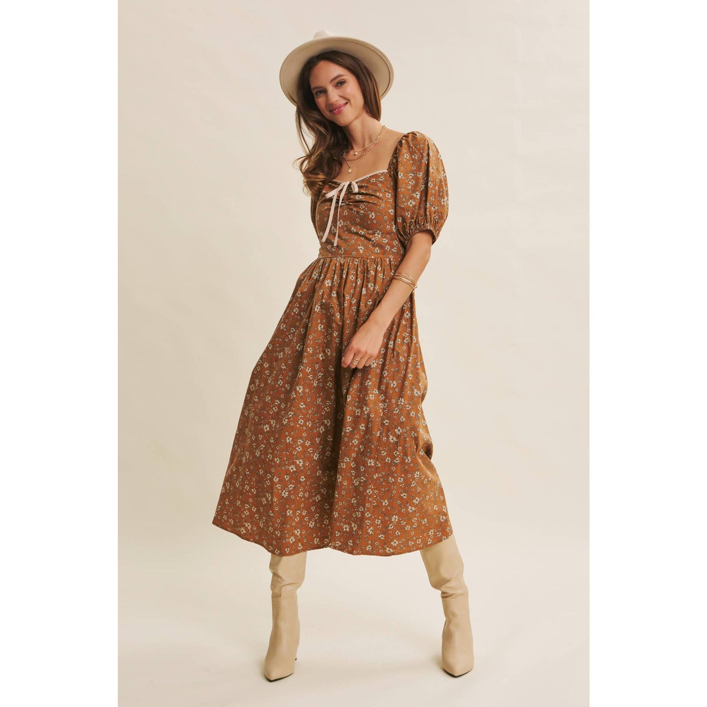 GOLDEN HOUR FLORAL PUFF SLEEVE MIDI DRESS WITH SMOCKED BACK