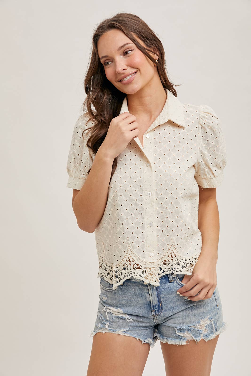 EYELET LACE TRIMMED BUBBLE SLEEVE SHIRT BLOUSE