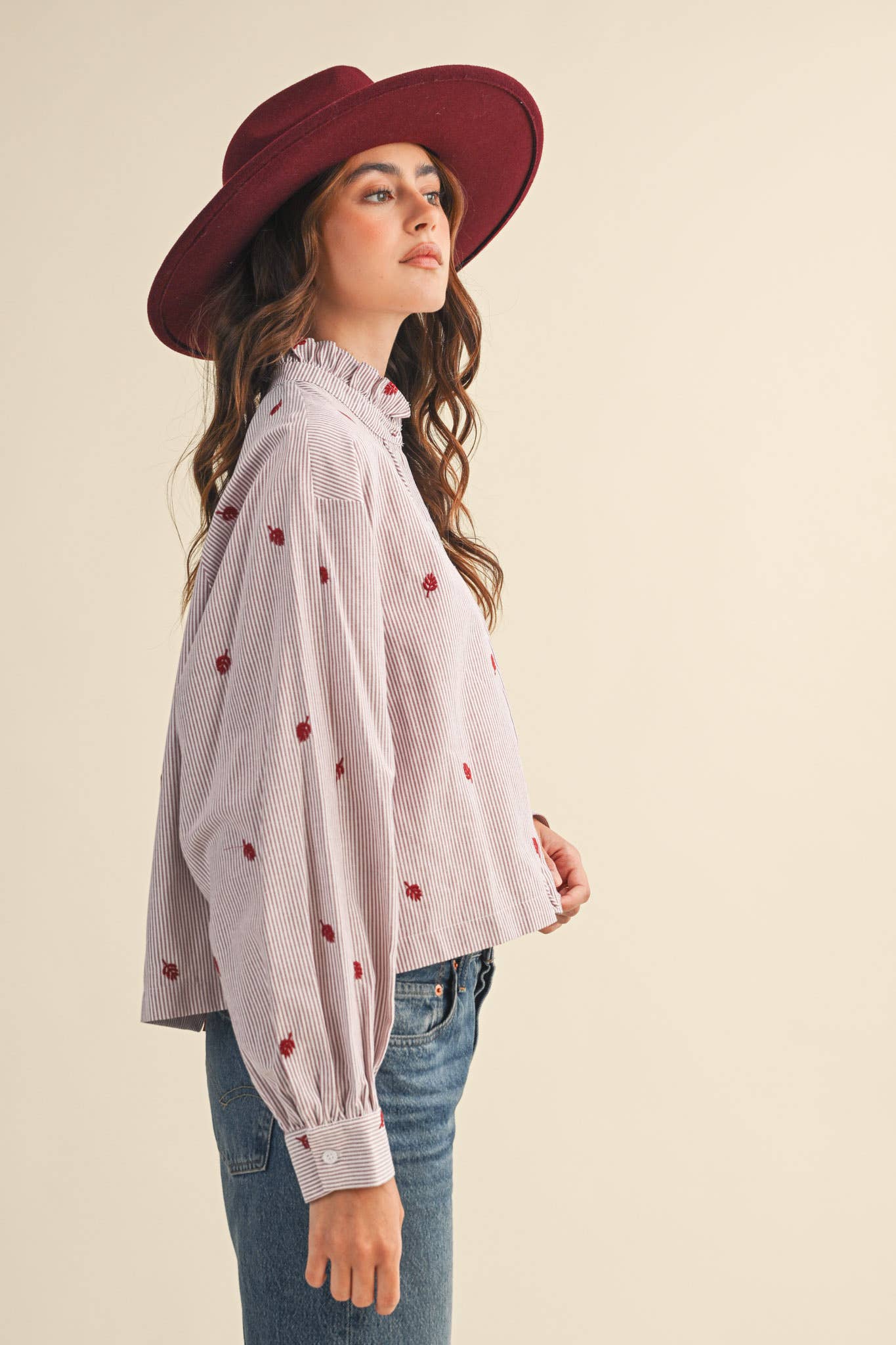 EMBROIDERED MOCK NECK STRIPED BUTTON UP TOP