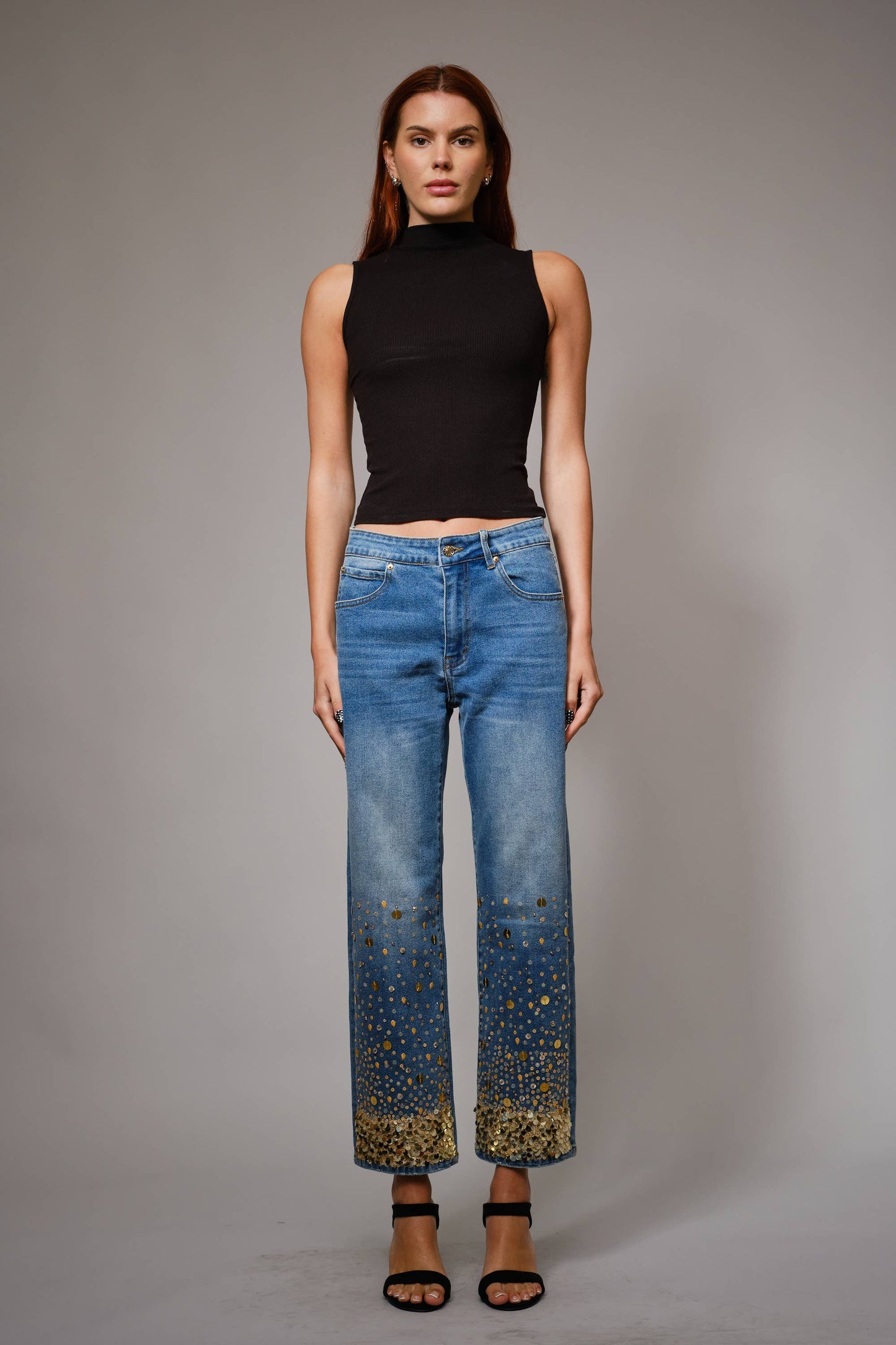 91499P - Gold Sequin Straight Leg Jeans