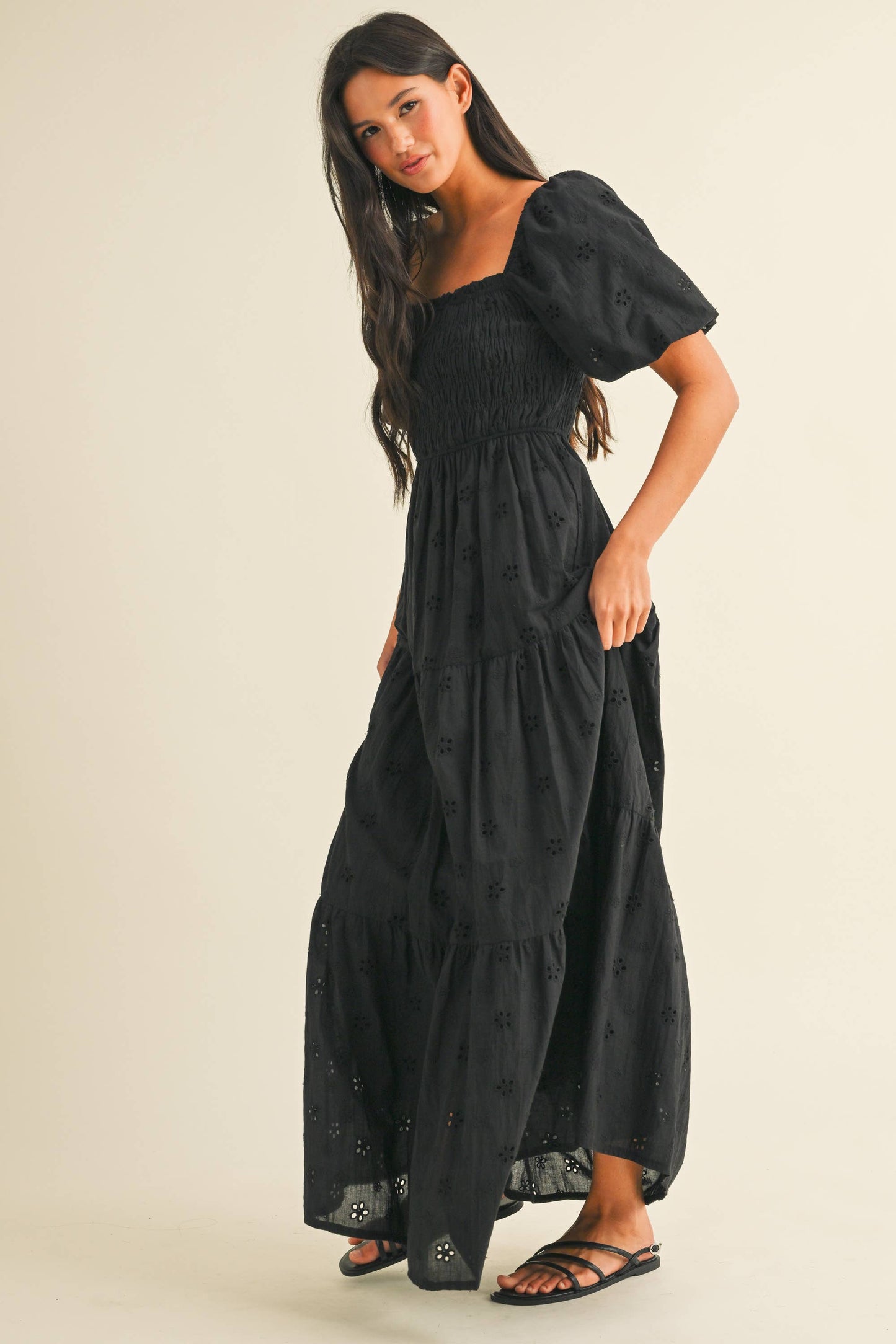 ID8852 EYELET PUFF SLEEVES MIDI DRESS WITH SMOCKING
