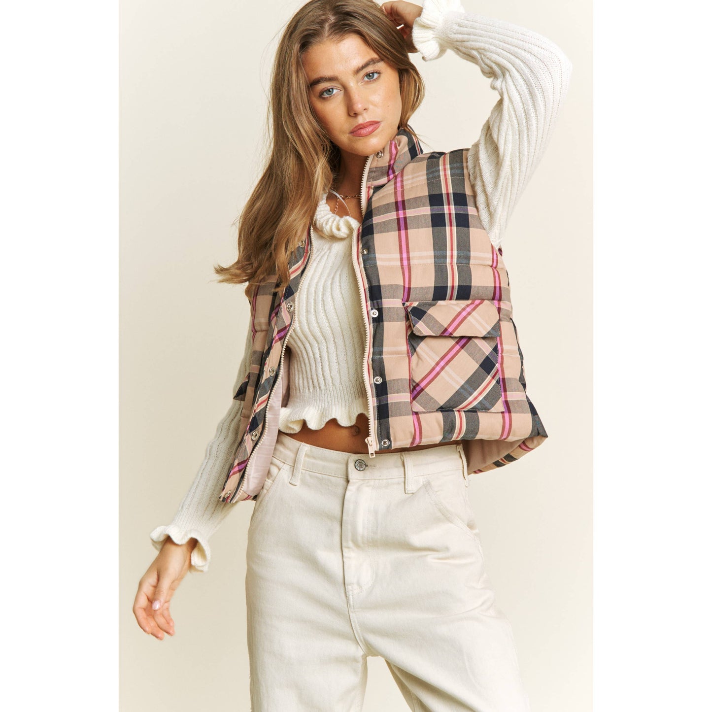 CROP PLAID HIGH NECK OPEN FRONT PUFFER VEST